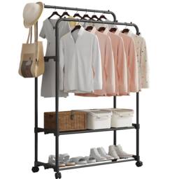 VOGREX Double Clothes Rail Heavy Duty Garment Display Shoes Storage in Black - thumbnail 1