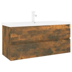 Berkfield Home Sink Cabinet with Built-in Basin Smoked Oak Engineered Wood in Brown - thumbnail 2