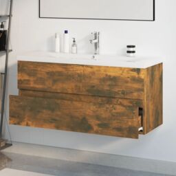 Berkfield Home Sink Cabinet with Built-in Basin Smoked Oak Engineered Wood in Brown - thumbnail 4
