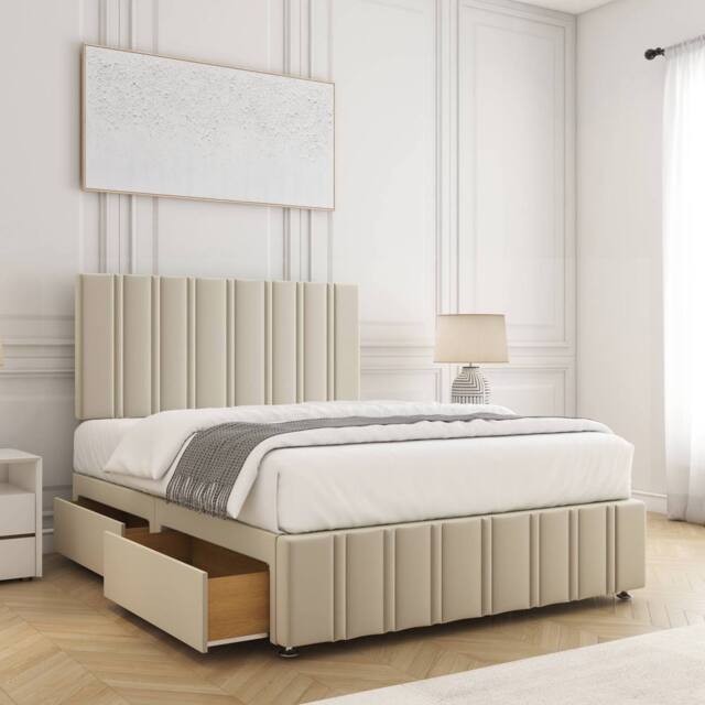 "BSSPOKE Isabella Divan Bed Velvet 24""Headboard & 2Drawers Same Side Mattress in Cream - Size: Super King" - image 1
