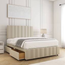 "BSSPOKE Isabella Divan Bed Velvet 24""Headboard & 2Drawers Same Side Mattress in Cream - Size: Super King" - thumbnail 1
