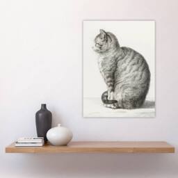 "Artery8 Sitting Smiling Cat Pencil Drawing Bernard Wall Art Print Poster in White - Size: W12"" x H16""" - thumbnail 4