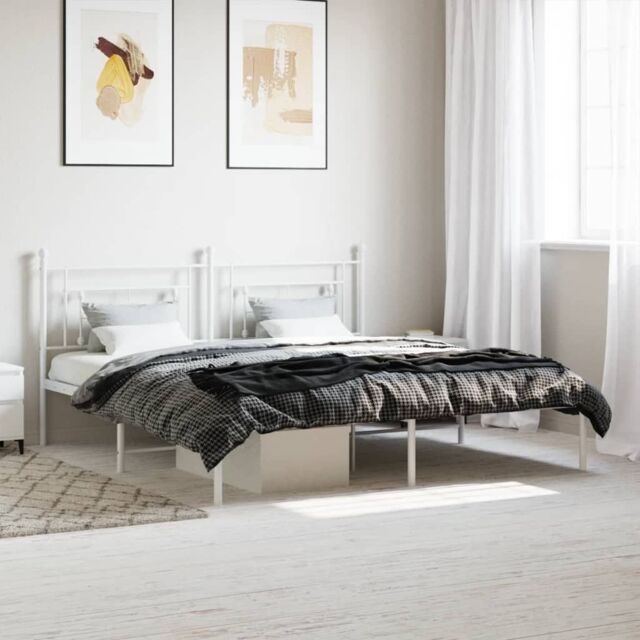 Berkfield Home Metal Bed Frame without Mattress with Headboard White 183x213cm - Size: 183x213 cm - image 1