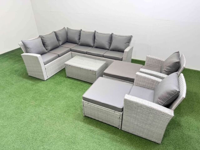 Fimous 10 Seater Garden Outdoor PE Rattan Furniture Set with 2 Big Footstools 2 Chair Light Grey Mixed - image 1