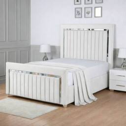 Living Comfort Bedz Chrome Edge Upholstered Slatted Base Bed with 48 Inch Headboard in White - Size: Single