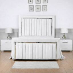 Living Comfort Bedz Chrome Edge Upholstered Slatted Base Bed with 48 Inch Headboard in White - Size: Single - thumbnail 2