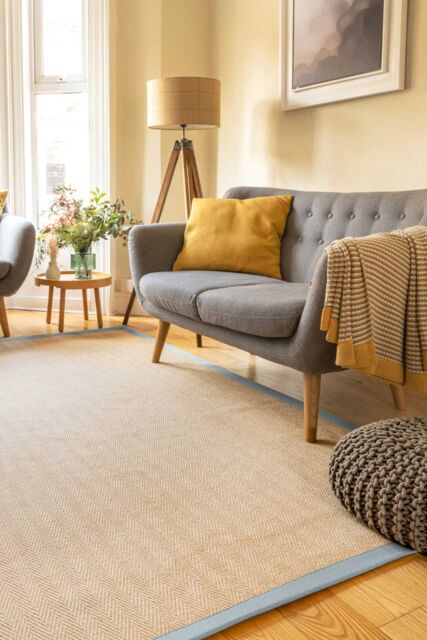 Kukoon Natural Golden Beige Jute Micro Woven Herringbone Pattern Cotton Border Area Rug in Grey - Size: 160 cm x 230 cm - image 1