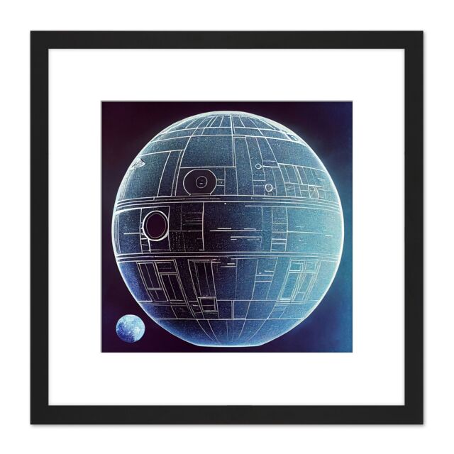 Artery8 Death Star Space Station Design Exterior Blueprint Blue Illustration Square Wooden Framed Wall Art Print Picture 8X8 Inch in Black - image 1