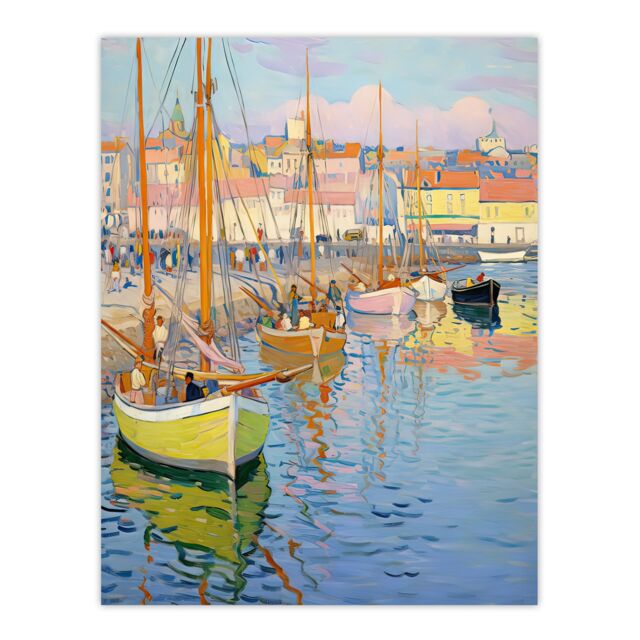 "Artery8 Wall Art Print Fishermen Rest Boats in the Harbour Oil Painting Pastel Poster in Blue - Size: W24"" x H32""" - image 1