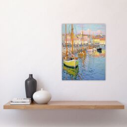 "Artery8 Wall Art Print Fishermen Rest Boats in the Harbour Oil Painting Pastel Poster in Blue - Size: W24"" x H32""" - thumbnail 4