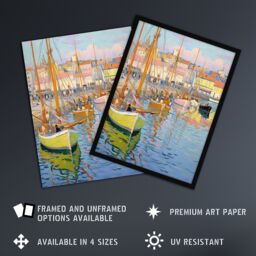 "Artery8 Wall Art Print Fishermen Rest Boats in the Harbour Oil Painting Pastel Poster in Blue - Size: W24"" x H32""" - thumbnail 2