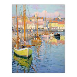 "Artery8 Wall Art Print Fishermen Rest Boats in the Harbour Oil Painting Pastel Poster in Blue - Size: W24"" x H32""" - thumbnail 1