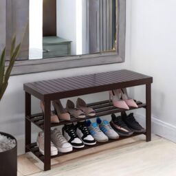 FURNOS Bamboo 3 Tier Shoe Storage Bench For Hallway in Dark Brown