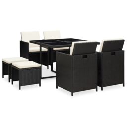 Berkfield Home 9 Piece Outdoor Dining Set with Cushions Poly Rattan Black - thumbnail 2