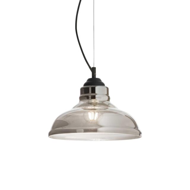 Netlighting Bistro 1 Light Dome Ceiling Pendant Black Smokey Grey Glass Plate E27