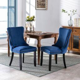 HomeTouch Sierra Set of 4 Luxe Velvet Dining Chairs Tufted Kitchen Chairs with High Wing Back & Oak Wood Legs in Blue - Size: 4 Pack - thumbnail 6