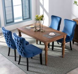 HomeTouch Sierra Set of 4 Luxe Velvet Dining Chairs Tufted Kitchen Chairs with High Wing Back & Oak Wood Legs in Blue - Size: 4 Pack - thumbnail 2
