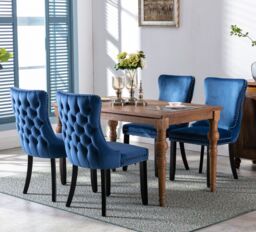 HomeTouch Sierra Set of 4 Luxe Velvet Dining Chairs Tufted Kitchen Chairs with High Wing Back & Oak Wood Legs in Blue - Size: 4 Pack - thumbnail 3