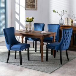 HomeTouch Sierra Set of 4 Luxe Velvet Dining Chairs Tufted Kitchen Chairs with High Wing Back & Oak Wood Legs in Blue - Size: 4 Pack