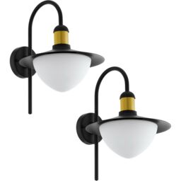 Loops 2 PACK IP44 Outdoor Wall Light Black & Gold Modern Fisherman Lamp 60W E27