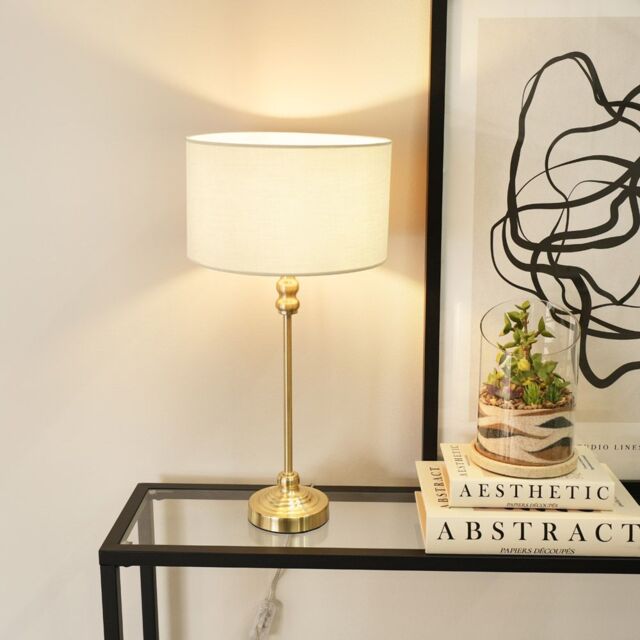 ValueLights Maggie Gold Metal Candlestick Table Lamp with Fabric Drum Shade & LED Bulb in White - image 1