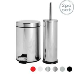 Harbour Housewares 3L Round Bathroom Bin & Brush Set - Slim Stainless Steel Bathroom Set in Metallic Silver - thumbnail 1