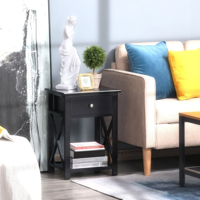HOMCOM 55cm End Side Table w/ Drawer Shelf Home Storage Furniture in Black