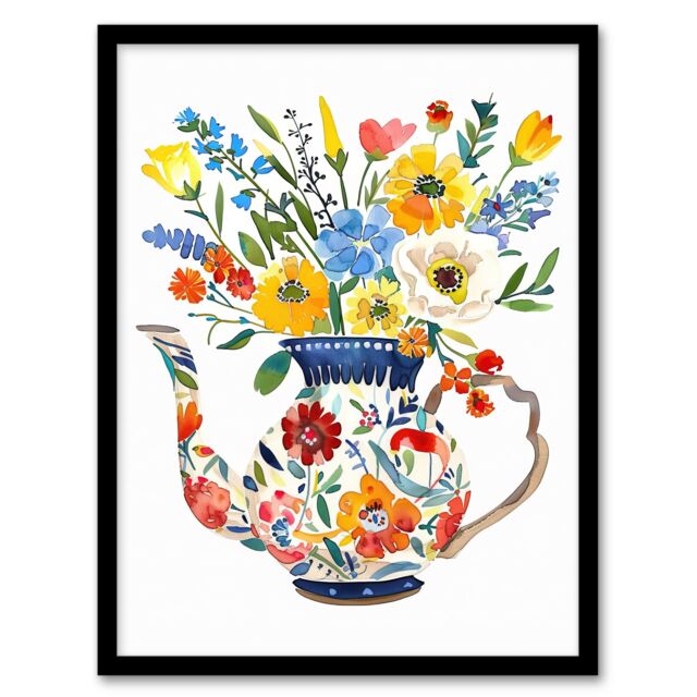 Artery8 Colourful Flower Bouquet in Floral Teapot Vase Framed Art Print - Size: A4 - image 1