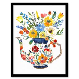 Artery8 Colourful Flower Bouquet in Floral Teapot Vase Framed Art Print - Size: A4 - thumbnail 1