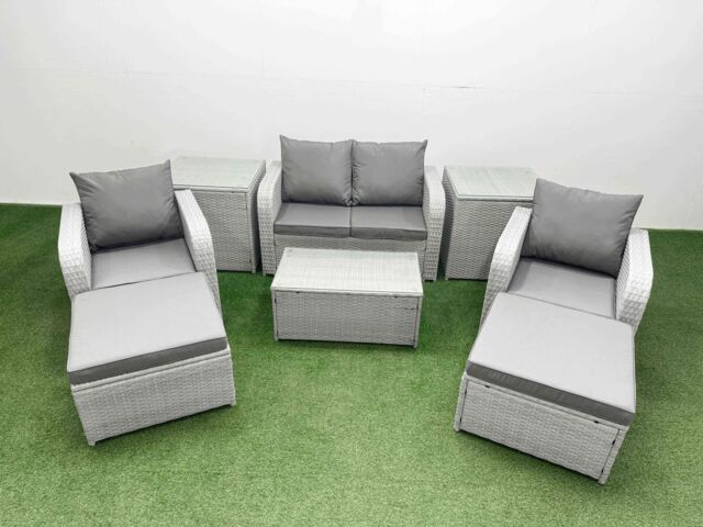 Fimous Light Grey PE Wicker Rattan Garden Furniture Set Sofa Set Reclining Adjustable Chair Rectangular Coffee Table 6 Seater 2 Big Stools 2 Side - image 1