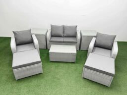 Fimous Light Grey PE Wicker Rattan Garden Furniture Set Sofa Set Reclining Adjustable Chair Rectangular Coffee Table 6 Seater 2 Big Stools 2 Side - thumbnail 2