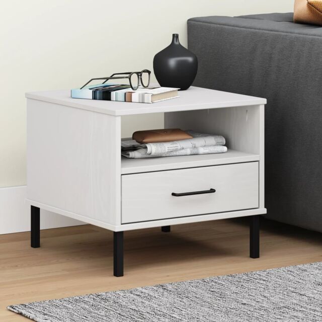 Berkfield Home Bedside Table with Metal Legs White Solid Wood Pine OSLO - image 1