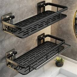 Havendro 2PCS No-Drill Bathroom Shelf Rack Wall Mounted in Black - Size: 50 cm x 80 cm