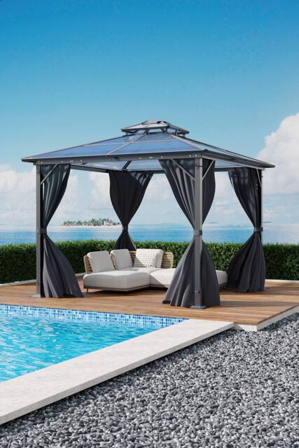 Living and Home 10/12 x 10FT Metal Frame Hardtop Patio Gazebo with Curtains in Dark Grey - Size: Large