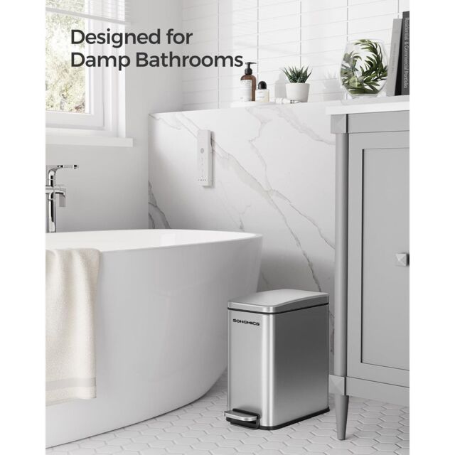 SONGMICS Slim Pedal Bin Small with Lid Soft Close Steel Compact in Silver - image 1