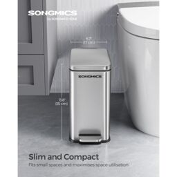 SONGMICS Slim Pedal Bin Small with Lid Soft Close Steel Compact in Silver - thumbnail 2