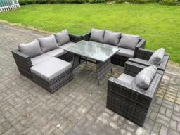 Fimous 8 Seater Rattan Outdoor Furniture Sofa Garden Dining Set with Patio Dining Table 2 Armchairs Big Footstools in Dark Grey - thumbnail 1