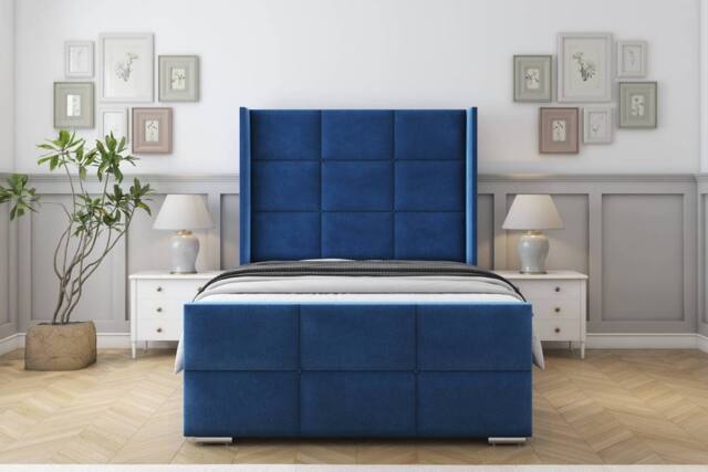"Sloomy Beaumont Plush Frame-Mattress-50"" Upholstered Wingback Headboard in Navy - Size: Super King" - image 1