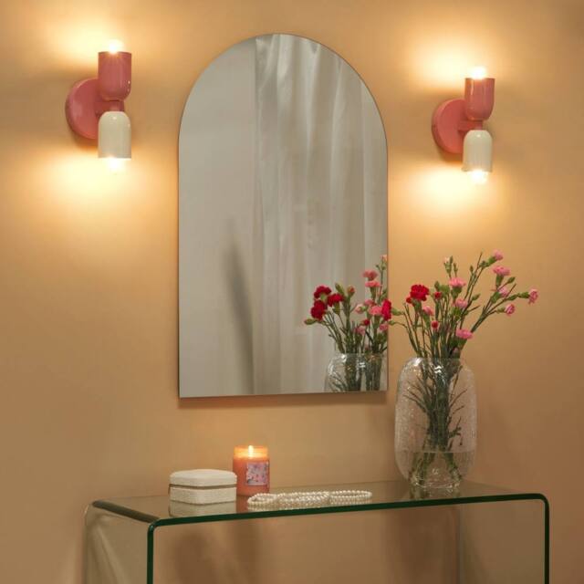 Wyld and Coco Set of 2 Pastel Pink Metal Shade Wall Lamps Up/Down Retro Iron - image 1