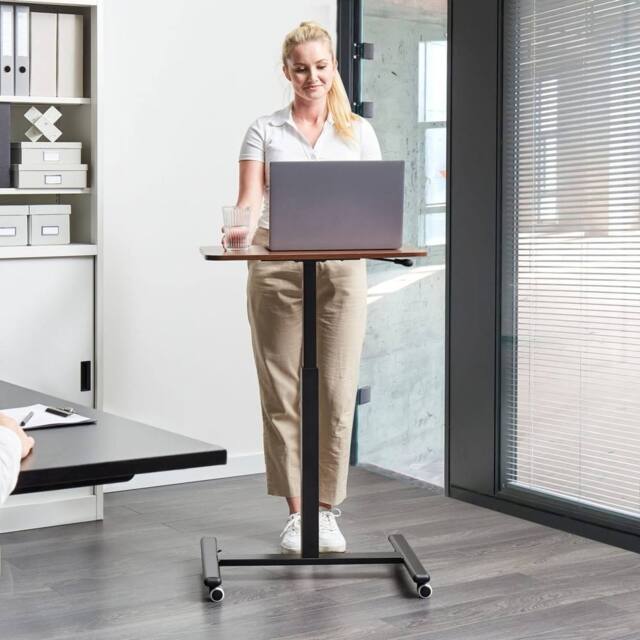 Wyld and Coco Mobile Adjustable Laptop Desk Dark Brown Steel Wheeled Sit Stand - image 1
