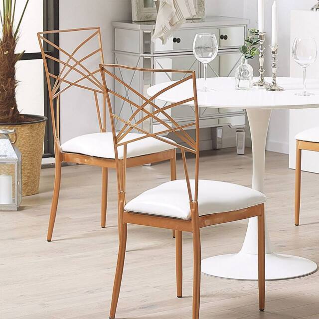 Wyld and Coco Set 2 Rose Gold Metal Dining Chairs White Faux Leather Seat Pad - image 1