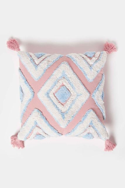 Homescapes Geometric Ikat Tufted Cotton Cushion with Tassels in Blue - Size: 45 cm x 45 cm - image 1