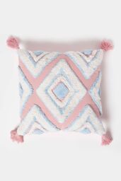 Homescapes Geometric Ikat Tufted Cotton Cushion with Tassels in Blue - Size: 45 cm x 45 cm - thumbnail 1