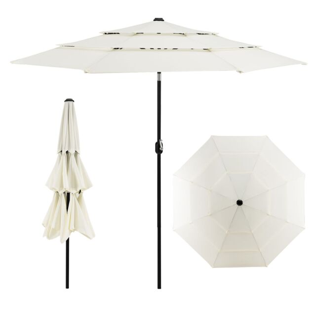 Costway 3 X 3M Patio Umbrella 3-Tier Double Vented Outdoor Crank Umbrella Market Table Umbrella in Beige