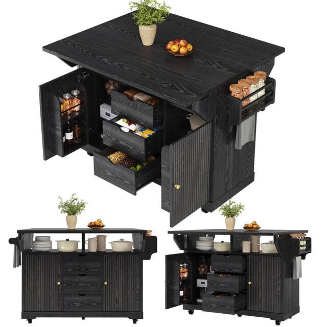 Merax Fluted Drop Leaf Kitchen Island Mobile Storage Trolley Cabinet in Black - image 1
