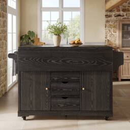 Merax Fluted Drop Leaf Kitchen Island Mobile Storage Trolley Cabinet in Black - thumbnail 3
