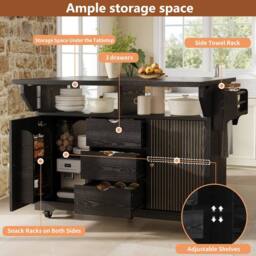 Merax Fluted Drop Leaf Kitchen Island Mobile Storage Trolley Cabinet in Black - thumbnail 8