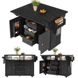 Merax Fluted Drop Leaf Kitchen Island Mobile Storage Trolley Cabinet in Black - thumbnail 1