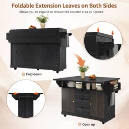 Merax Fluted Drop Leaf Kitchen Island Mobile Storage Trolley Cabinet in Black - thumbnail 9