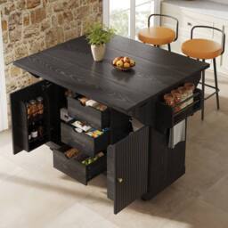Merax Fluted Drop Leaf Kitchen Island Mobile Storage Trolley Cabinet in Black - thumbnail 4